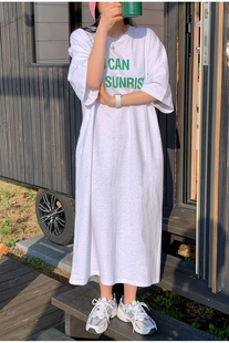 韩国2024春夏女装棉字母，休闲宽松短袖，慵懒风长款连衣裙麻白色