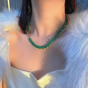 7a级天然翡翠阳绿色冰种绿玉髓，圆珠锁骨链原创设计女款玛瑙毛衣链