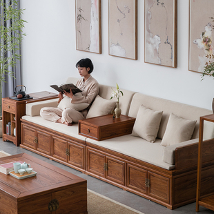 新中式实木罗汉床箱体储物沙发加长塌仿古禅意沙发床榆木家具床榻