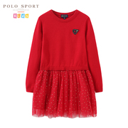 polo sport 女童红色连衣裙2024春装洋气针织拼接网纱蓬蓬裙
