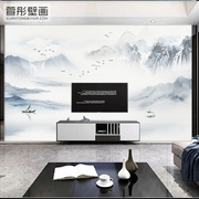 新中式3d电视背景墙壁纸，水墨山水装饰墙布，客厅沙发影视墙定制壁画