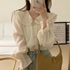 韩国chic春季法式温柔减龄三层荷叶，边娃娃领衬衣女喇叭袖雪纺衬衫