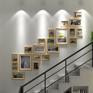 创意实木楼梯照片墙现代相框，墙组合楼道走廊，背景墙墙面装饰墙壁
