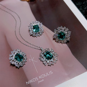 欧美奢华祖母绿钻石彩宝套装女戒指耳钉项链高级感设计复古宴会款