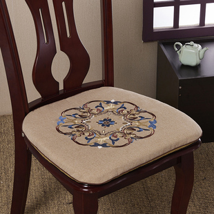 新中式刺绣餐椅垫棉麻加厚坐垫，实木椅子垫防滑椅座垫带绑带可拆洗