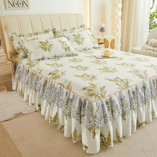 蕾丝床裙三件套水洗棉床罩式防滑床单，床套全棉1.5米1.8m2床上用品