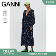 ganni女装，波点v领藏蓝色，收腰长袖连衣裙f6410683