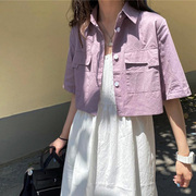 夏季高腰短款衬衫女香芋紫披肩开衫搭配吊带裙子的外搭长裙小外套