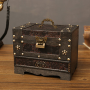 古风带锁的梳妆盒抽屉式化妆桌面，收纳盒木质带镜子首饰盒子小木箱