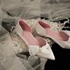 椿水晶花蝴蝶结中空平底鞋，仙女风公主伴娘婚鞋