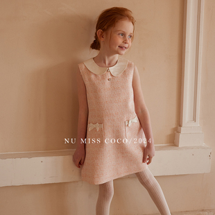 NU恩幼童装 24春季女童法式白色娃娃领粉色小香背心裙礼服连衣裙