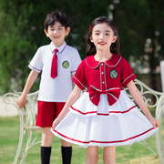 中国风儿童衬衣夏天短袖小学生校服班服六一演出服红色幼儿园园服