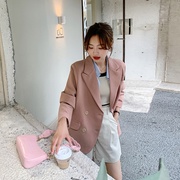 粉红色简约纯色西装外套女2023韩系气质设计感宽松双排扣西服