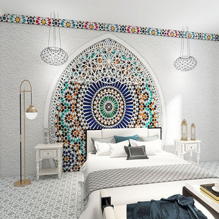 摩洛哥风格装饰壁纸欧式建筑背景民宿卧室客厅民族风花纹墙纸壁布