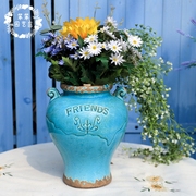 陶瓷彩釉复古做旧蓝色双耳，字母花瓶罐家居，客厅创意装饰品摆件
