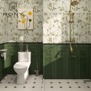 南洋复古风橄榄绿卫生间，瓷砖植物小花砖，全瓷浴室厨房墙砖厕所地砖