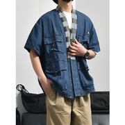 国潮小众设计感道袍男新中式薄款牛仔衬衫夏季短袖外套深蓝色衬衣
