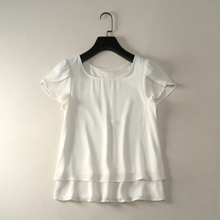 22065日本单~轻薄透气后背开叉圆领短袖雪纺衫，衬衫衬衣上衣女0.15