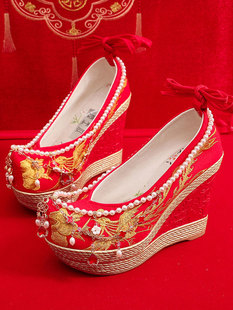 超高跟秀禾婚鞋女春秋内汉服鞋红色坡跟新娘鞋古风中式绣花鞋
