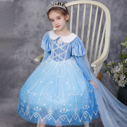 冰雪奇缘娃娃领艾莎女王公主裙中大女童爱莎泡泡袖金丝绒礼服