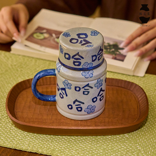 陶美集青花手绘小暖壶家用大容量水杯景德镇陶瓷马克杯带盖哈哈杯