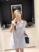 韩版短款衬衫式娃娃领蓝条纹无袖连衣裙2024夏季宽松显瘦裙子