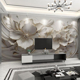 墙纸定制3d立体浮雕法式花卉，电视背景墙壁纸客厅，壁布卧室墙布壁画