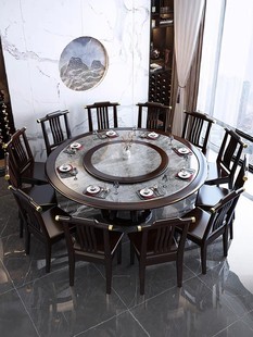 大理石餐桌新中式实木圆桌，转盘家用餐桌椅吃饭饭桌，岩板大圆桌子2m