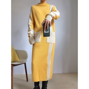 N·MORE 设计师品牌 秋冬 暖黄长款拼色羊毛针织帽衫裙