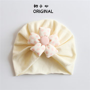 韩版婴儿帽子春秋季女宝宝，可爱花朵囟门，胎帽新生儿纯棉柔软套头帽