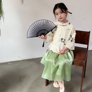 女童熊猫汉服套装2024春装小童宝宝唐装中国风古装长袖裙子两件套
