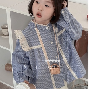 韩系女童蕾丝花边洗个娃娃单纯棉宝宝衬衫春季白色阔腿裤套装