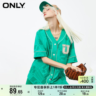 ONLY奥莱夏季中长撞色V领纽扣棒球服开衫短袖T恤女