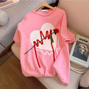 粉色重工立体玫瑰花短袖T恤女2022春夏设计感小众宽松上衣潮