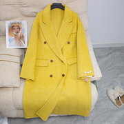 黄色法式长款高级感人字纹双面羊绒，大衣女2023秋冬新羊毛(新羊毛)昵外套女