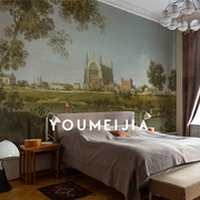 欧式风景画墙布客厅卧室背景墙，壁纸餐厅复古轻奢墙纸，工装定制壁画