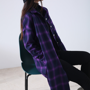 长款紫色格子衬衫女外套2023春秋韩版百搭洋气衬衣设计感小众