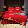 大红色婚庆结婚四件套，床上用品1.5m18米床单床裙床罩被套龙凤刺绣