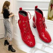 靴女女鞋圆头高跟短靴红色，靴子婚鞋系带，大码女靴马丁靴45nai