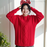 100%全棉纯棉线中长款韩版慵懒毛衣女针织衫麻花冬季圣诞新年红色