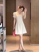 欧洲站2024法式气质短裙子高级感泡泡袖小个子白色连衣裙女夏