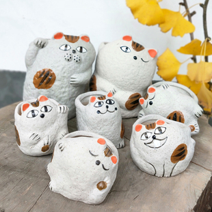 多肉花盆招财猫陶瓷创意，可爱卡通动物日系猫咪拇指，大小号家居客厅