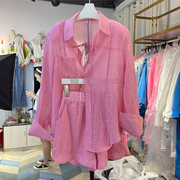 粉色雪纺防晒衬衫女夏薄款设计感小众衬衣，短裤两件套长袖上衣外套