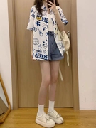 大码胖妹妹日系卡通短袖衬衫外套夏季外搭设计感小众文艺少女衬衣