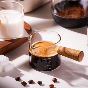 玻璃小奶盅萃取浓缩咖啡，刻度量杯加奶杯牛奶壶，迷你意式木柄小奶罐