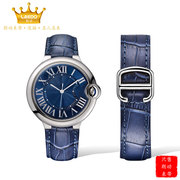 朗动表带 适用于Cartier卡地亚蓝气球手表表带真皮蓝色男女凸口