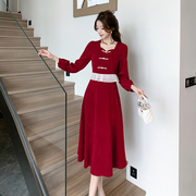 洋气酒红色小礼服，韩版名媛甜美气质灯芯绒，荷叶边长袖连衣裙两件套