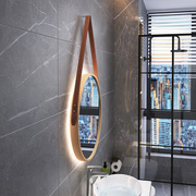 北欧圆形浴室镜实木卫生间，洗手间高档皮带，挂镜壁挂圆镜子挂墙带灯