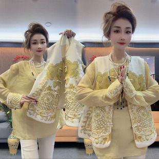 2024年早春款女装新中式唐装盘扣，中国风刺绣马甲衬衫两件套装