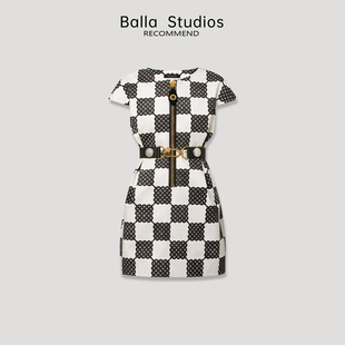 balla高品质经典黑白，棋盘格印花连衣裙收腰显瘦时髦拉链裙